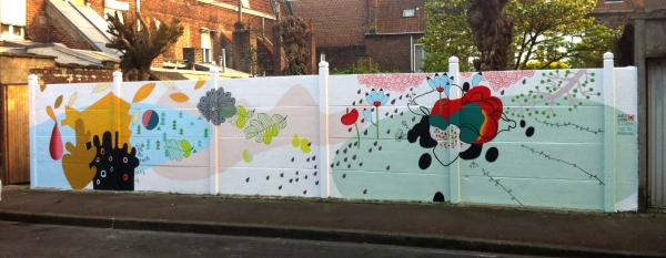 rue de TURIN à Roubaix, 2017, XU-pop up, fresque murale. Réalisation à partir d'ateliers participatifs dans le quartier Fresnoy- Mackellerie à Roubaix.