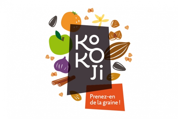 Identité visuelle, logo et charte graphique, de Kokoji, marque de petits-déjeuners et d'en-cas bio.